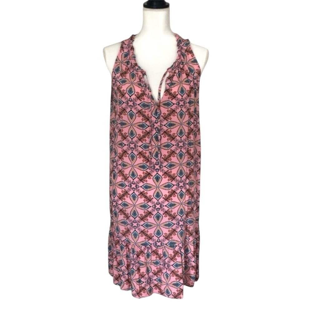 LOFT Pink Blue Printed Summer Sleeveless Dress Ruffle Hem Keyhole Back Medium